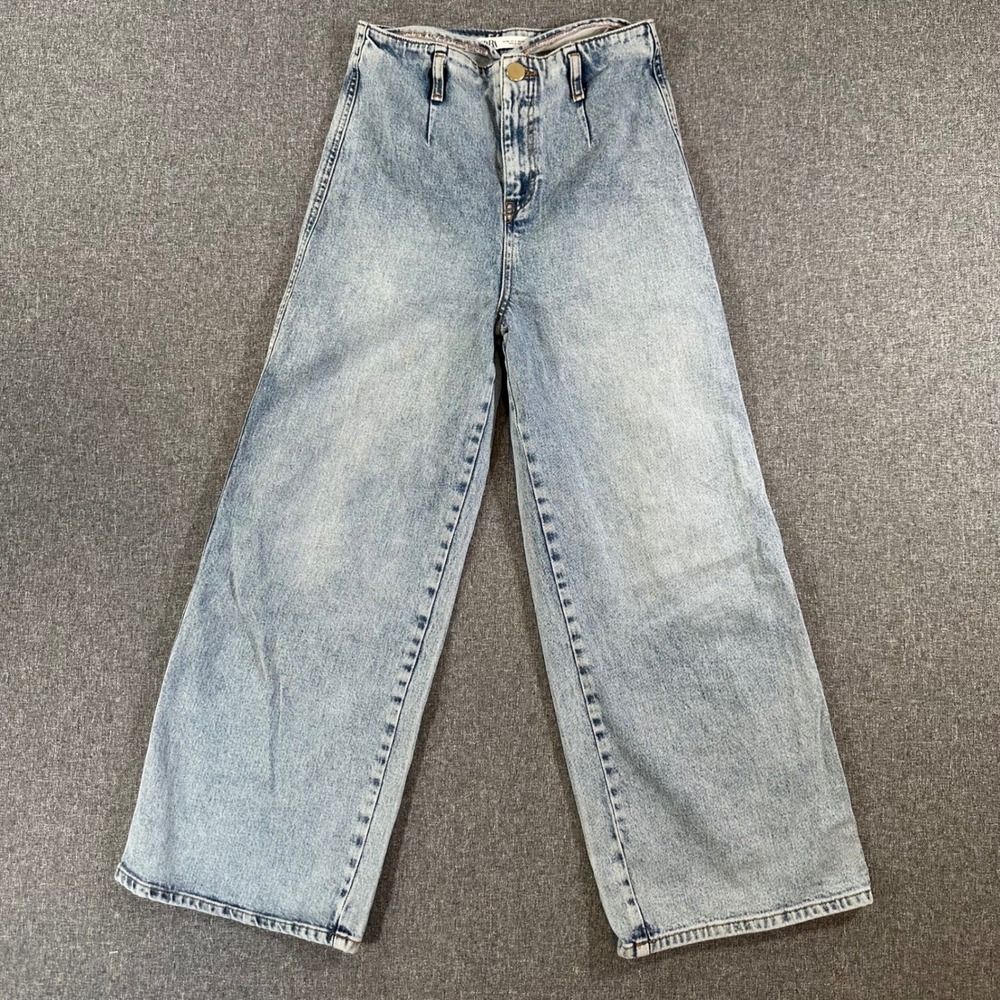 Zara Jeans Women 4 Wide Leg Light Blue Acid Wash High Rise Denim